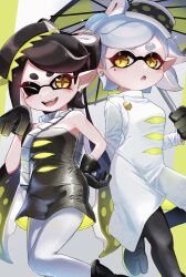 2girls :o ;d bare_shoulders berisuno_(beriberi0707) black_dress black_gloves black_hair black_pantyhose black_shoes blonde_hair bow-shaped_hair callie_(alterna)_(splatoon) callie_(splatoon) choker coat commentary_request cross-shaped_pupils dress earrings fangs glint gloves gradient_hair grey_choker grey_hair hand_on_own_hip highres holding holding_umbrella inkling jewelry jika-tabi long_hair looking_at_viewer marie_(alterna)_(splatoon) marie_(splatoon) mole mole_under_eye multicolored_hair multiple_girls nintendo one_eye_closed open_mouth pantyhose pointy_ears shoes short_hair smile splatoon_(series) splatoon_3 strapless strapless_dress swept_bangs symbol-shaped_pupils tentacle_hair twintails umbrella very_long_hair white_coat white_pantyhose yellow_eyes