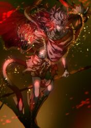 1boy armor cuso4_suiwabutu elden_ring elden_ring:_shadow_of_the_erdtree fire helmet highres holding holding_flame holding_weapon long_hair looking_at_viewer male_focus messmer_the_impaler one_eye_closed polearm red_hair red_robe red_shawl red_snake robe shawl single_bracelet snake snake_on_shoulder solo spear weapon winged_helmet yellow_eyes