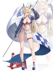 Rule 34 | 1girl, absurdres, alter (kxk7357), animal ear fluff, animal ears, black choker, black gloves, black panties, blonde hair, blue archive, blue bra, blue eyes, blue flag, blue halo, blue shorts, bra, breasts, choker, cleavage, commentary, denim, denim shorts, dog ears, dog girl, flag, gloves, hair over one eye, halo, highleg, highleg panties, highres, holding, holding flag, kanna (blue archive), large breasts, long hair, long sleeves, panties, panty straps, race queen, short shorts, shorts, thigh strap, traffic cone, underwear, white background, zoom layer