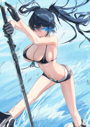 1girl alternate_breast_size au11 azur_lane bikini bikini_top_only black_gloves black_hair black_rock_shooter black_rock_shooter_(character) black_shorts breasts commentary_request flaming_eye front-tie_top gloves glowing glowing_eye hair_between_eyes highres holding holding_sword holding_weapon large_breasts looking_at_viewer micro_shorts navel no_shirt ocean shorts solo stitches swimsuit sword thighs twintails water weapon