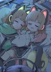 3girls :3 :d absurdres animal_ear_headphones animal_ears arm_up black_shorts black_skirt black_thighhighs blonde_hair blue_archive blue_hair blue_necktie blurry blurry_foreground blush bow buttons cat_ear_headphones cat_ears chestnut_mouth closed_eyes collared_shirt commentary_request controller cushion dot_nose english_text fake_animal_ears feet_out_of_frame frilled_skirt frills game_cartridge game_console game_controller green_bow green_jacket hair_bow halo hand_on_another&#039;s_chest headphones highres holding holding_controller holding_game_controller hood hood_down hooded_jacket indoors jacket kyouwashi leg_between_thighs long_sleeves low-tied_sidelocks lying mechanical_halo medium_hair midori_(blue_archive) miniskirt momoi_(blue_archive) multicolored_jacket multiple_girls necktie night on_back on_floor on_side open_mouth pink_bow pink_jacket pleated_skirt school_uniform shirt short_shorts shorts siblings sidelocks single_off_shoulder sisters skirt sleeping sleeping_on_person smile spread_legs suspender_skirt suspenders teeth thighhighs twins upper_teeth_only v-shaped_eyebrows white_jacket white_shirt wide_sleeves wii_remote yuuka_(blue_archive) zettai_ryouiki
