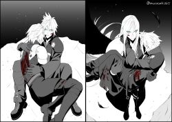2boys armor between_legs black_boots black_feathers black_gloves black_wings blood blood_on_clothes blood_on_face blue_eyes boots carrying cloud_strife falling_feathers feathers final_fantasy final_fantasy_vii final_fantasy_vii_advent_children final_fantasy_vii_ever_crisis gloves green_eyes hand_on_another&#039;s_neck head_on_another&#039;s_shoulder highres hug injury long_hair male_focus multiple_boys pauldrons princess_carry sephiroth sephiroth_(ever_crisis) short_hair shoulder_armor single_wing spiked_hair time_paradox wings yaoi zi_(murasaki0615)