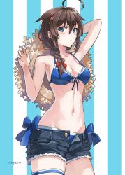 Rule 34 | 1girl, bikini, black hair, black shorts, blue bikini, blue eyes, braid, breasts, cleavage, commentary request, cowboy shot, cutoffs, denim, denim shorts, front-tie bikini top, front-tie top, hair between eyes, hair flaps, hair over shoulder, hat, highres, kantai collection, long hair, medium breasts, official alternate costume, open fly, shigure (kancolle), shigure kai san (kancolle), shigure kai san (swimsuit) (kancolle), shorts, side-tie bikini bottom, single braid, solo, straw hat, striped background, sugue tettou, swimsuit