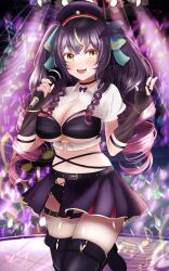 1girl :d absurdres alternate_costume alternate_hairstyle blonde_hair blush bow bow_choker breasts choker commentary cropped_jacket drill_hair english_commentary glowstick gradient_hair hair_between_eyes hat highres holding holding_microphone indie_virtual_youtuber jacket long_hair looking_at_viewer lua_asuka microphone multicolored_hair musical_note open_mouth penlight_(glowstick) purple_hair purple_skirt riraranran searchlight short_sleeves skirt smile solo streaked_hair teeth thigh_strap thighhighs tongue twin_drills upper_teeth_only virtual_youtuber white_jacket yellow_eyes