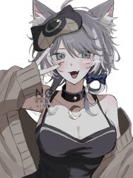 1girl alternate_costume animal_ear_fluff animal_ears black_camisole blue_eyes breasts brown_sweater camisole cat_ears cat_girl cipher_(honkai:_star_rail) cleavage collarbone commentary_request fang grey_hair honkai:_star_rail honkai_(series) large_breasts looking_at_viewer mole mole_on_breast open_mouth rurusorachan short_hair_with_long_locks simple_background skin_fang sleep_mask solo sweater twitter_username v v_over_eye white_background
