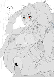 1boy 1girl bar_censor breasts censored closed_mouth collared_shirt expressionless eyebrows_hidden_by_hair eyes_visible_through_hair greyscale hair_ornament hands_on_another&#039;s_thighs high-waist_pants highres large_breasts long_hair looking_to_the_side monochrome necktie pants penis police police_uniform policewoman ponytail pussy red_eyes rlity salute sex shirt speech_bubble time_stop vaginal white_background wise_(zenless_zone_zero) zenless_zone_zero zhu_yuan