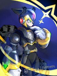 Rule 34 | 1boy, animal ears, armor, black armor, black bodysuit, black helmet, bodysuit, clenched hand, cowboy shot, forehead jewel, helmet, highres, male focus, mask, mega man (series), mega man x (series), mouth mask, ninja, shadow armor x (mega man), solo, tail, tonebiro, twitter username, x (mega man)