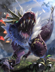 aerodactyl claws commentary_request day dinosaur evolutionary_line gen_1_pokemon gen_6_pokemon green_eyes highres looking_up nintendo no_humans open_mouth outdoors penta_oekaki pokemon pokemon_(creature) saliva sharp_teeth teeth tongue tree tyrantrum tyrunt watermark