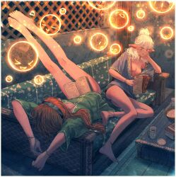 2girls absurdres anklet armpits arms_up asimov_(spindle_(aidenr0)) bare_legs barefoot black_hairband black_panties blue_shirt book bracelet breasts commentary couch cup dress english_commentary feet green_dress hairband hand_up highres holding holding_book indoors jewelry legs legs_together legs_up long_hair lying medium_breasts mouth_hold mug multiple_girls nipple_slip nipples on_back on_couch orange_hair original ottilie_(spindle_(aidenr0)) panties partially_unbuttoned pointy_ears ponytail reading shirt short_dress short_sleeves sitting soles spindle_(aidenr0) toenails toes underwear