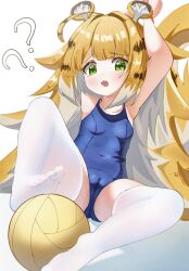 1girl ? animal_ear_fluff animal_ears ball blonde_hair blue_one-piece_swimsuit breasts cameltoe covered_navel fg7om green_eyes highres ju_fufu loli long_hair looking_at_viewer multicolored_hair old_school_swimsuit one-piece_swimsuit open_mouth school_swimsuit small_breasts solo swimsuit tail thighhighs tiger_ears tiger_girl tiger_tail white_background white_thighhighs zenless_zone_zero