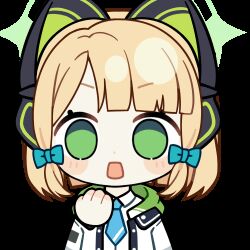 1girl animal_ear_headphones animal_ears animated animated_gif aqua_necktie blonde_hair blue_archive blunt_bangs blunt_ends blush_stickers bow cat_ear_headphones cat_ears chibi chibi_only chunye_haruya collared_shirt commission covering_own_mouth disembodied_hand dot_nose fake_animal_ears green_bow green_eyes green_halo green_jacket hair_bow halo hand_over_own_mouth headphones hood hooded_jacket jacket long_sleeves looking_at_viewer low-tied_sidelocks lowres medium_hair midori_(blue_archive) missing_commentary necktie no_pupils open_clothes open_jacket open_mouth parted_bangs school_uniform second-party_source shirt sidelocks simple_background solo surprised transparent_background upper_body white_shirt wide-eyed