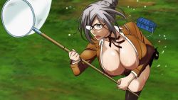 10s 1girl animated animated_gif anime_screenshot ass blouse boots bouncing_breasts breasts brown_thighhighs cleavage female_focus glasses hair_bun huge_breasts jacket lipstick makeup miniskirt neck_ribbon net no_bra open_clothes open_jacket open_shirt outdoors panties pantyshot plaid_clothes plaid_skirt pleated_skirt prison_school ribbon running school_uniform shiraki_meiko shirt short_hair silver_hair single_hair_bun skirt solo sweat thighhighs uncensored underwear
