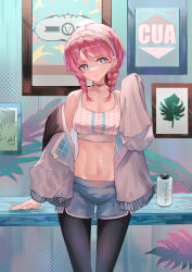 1girl absurdres arknights bare_shoulders black_pantyhose blue_eyes blue_poison_(arknights) blue_poison_(shoal_beat)_(arknights) blue_shorts blush bottle braid breasts choker collarbone commentary dolphin_shorts grey_jacket hairband highres indoors jacket long_hair long_sleeves looking_at_viewer medium_breasts navel official_alternate_costume open_clothes open_jacket panties panties_under_pantyhose pantyhose parted_lips pink_choker pink_hairband pink_sports_bra puranetto_(vjun4748) shorts solo sports_bra sweat toned twin_braids underwear
