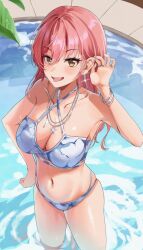 1girl bangle bare_shoulders bikini blue_bikini blush bra bracelet breasts criss-cross_halter ear_ornament gyaru halterneck idolmaster idolmaster_cinderella_girls jewelry jougasaki_mika leaf lllllaaaaauuu long_hair looking_at_viewer looking_up necklace parted_bangs pink_hair pool ring sharp_teeth solo standing star_(symbol) star_necklace swimsuit teeth tongue tongue_out underwear yellow_eyes