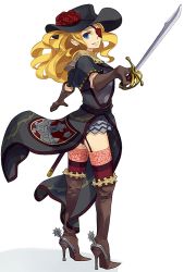 1girl blonde_hair eyepatch full_body garter_straps gloves grin hat high_heels holding holding_sword holding_weapon long_hair original pirate ryman simple_background smile solo spurs standing sword thighhighs weapon white_background