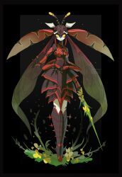 1girl antennae arthropod_girl black_background black_skin breasts carapace colored_skin extra_arms flower head_wings highres holding holding_sword holding_weapon insect_wings looking_at_viewer monster_girl multicolored_skin original red_skin ruteko_(ruko220) signature small_breasts solid_eyes solo sword weapon white_skin wings yellow_eyes