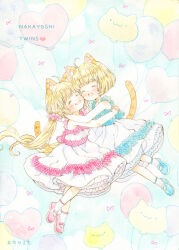 2girls :d ^_^ ahoge animal_balloon animal_ears balloon blonde_hair blue_shoes cat_ears cat_girl cat_tail closed_eyes commentary_request dress emo_(mikan) full_body hair_ornament hair_scrunchie heart_balloon hug long_hair multiple_girls open_mouth original painting_(medium) pink_shoes ponytail scrunchie shoes short_hair siblings sisters sleeveless sleeveless_dress smile tail traditional_media twins very_long_hair watercolor_(medium) white_dress