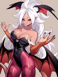 1girl absurdres android_21 animal_print bare_shoulders bat_print black_leotard black_nails black_sclera breasts cleavage closed_mouth clothing_cutout collarbone colored_sclera colored_skin cosplay cowboy_shot cutout_above_navel darkstalkers demon_girl demon_wings dragon_ball dragon_ball_fighterz grey_background head_wings heart_cutout highleg highleg_leotard highres large_breasts leotard long_hair low_wings majin_android_21 morrigan_aensland morrigan_aensland_(cosplay) multiple_wings pantyhose pea-bean pink_skin pink_tail pointy_ears print_pantyhose purple_pantyhose red_eyes simple_background smile solo tail white_hair wings