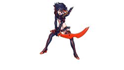 black_boots black_gloves black_hair blue_eyes boots emiladylbekuulu gloves kill_la_kill matoi_ryuuko non-web_source open_mouth red_stripes scissor_blade_(kill_la_kill) senketsu skirt studio_trigger trigger_(company)