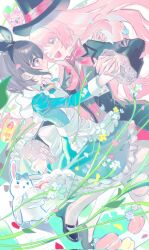 2girls :d alice_(alice_in_wonderland) alice_(alice_in_wonderland)_(cosplay) alice_in_wonderland apron back_bow bang_dream! bang_dream!_it&#039;s_mygo!!!!! black_hat black_jacket black_ribbon black_shoes blue_bow blue_dress bow bowtie buttons cake cake_slice candy card chihaya_anon collared_shirt colored_eyelashes commentary corrupted_twitter_file cosplay cup curled_fingers dress dress_shirt eye_contact face-to-face fang floating floating_hair flower food frilled_apron frilled_dress frills full_body grey_eyes grey_hair hair_ribbon hashtag-only_commentary hat highres holding_hands interlocked_fingers jacket konpeitou lace-trimmed_sleeves lace_trim lapels long_hair long_sleeves looking_at_another macaron mad_hatter_(alice_in_wonderland) mad_hatter_(alice_in_wonderland)_(cosplay) maid_apron mary_janes medium_dress multiple_girls official_alternate_costume one_eye_closed open_mouth orange_eyes outstretched_arm pantyhose petticoat pink_bow pink_bowtie pink_cat pink_hair pink_shirt rabbit ribbon sash shirt shoes short_hair simoco smile striped_clothes striped_shirt suit_jacket swept_bangs symbol-only_commentary takamatsu_tomori teacup top_hat tuxedo two_of_hearts white_bow white_pantyhose white_rabbit_(animal) white_sash white_sleeve_cuffs