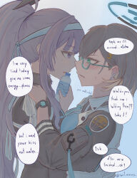 2girls absurdres aqua_eyes black_jacket blue_archive blue_background blue_gloves blue_hairband blush bottle chihiro_(blue_archive) collared_shirt commentary english_commentary english_text glasses gloves gradient_background grey_hair hair_ornament hairband halo hand_on_another&#039;s_waist highres holding holding_bottle hug jacket long_hair medal_(baowaannnn) multiple_girls parted_lips ponytail purple_background purple_eyes purple_hair semi-rimless_eyewear shirt short_hair speech_bubble sweat under-rim_eyewear utaha_(blue_archive) yuri