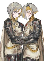 2girls armor blood blood_on_clothes blood_on_face blush breasts cape chest_bow faust_(project_moon) grey_eyes grey_hair grin hand_on_another&#039;s_arm highres hug kromer_(project_moon) limbus_company looking_at_viewer multicolored_hair multiple_girls n_corp._fanatic_(identity)_(project_moon) nail_(hardware) one_eye_covered plate_armor project_moon scar scar_on_face smile streaked_hair thighhighs tunic upper_body white_background white_cape white_tunic wide_hips zfisdwirwd25