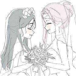 2girls alien_stage black_hair bouquet bridal_veil circlet closed_eyes commentary dress english_commentary female_focus flower hair_bun hair_flower hair_ornament highres holding holding_bouquet long_hair mizi_(alien_stage) multiple_girls oracc_liu partially_colored pink_hair rose see-through_clothes see-through_veil smile sua_(alien_stage) veil wedding_dress wife_and_wife yuri