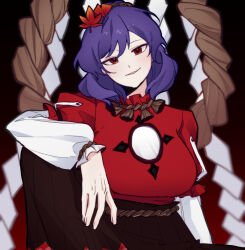 1girl black_skirt breasts commentary_request hair_ornament highres korean_commentary leaf_hair_ornament looking_at_viewer mirror purple_hair red_eyes rope seijamom shimenawa short_hair skirt solo touhou yasaka_kanako