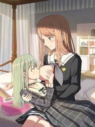 2girls absurdres ballet_slippers bang_dream! bang_dream!_it&#039;s_mygo!!!!! bed black_dress black_shirt blue_eyes breast_sucking breastfeeding canopy_bed choker closed_mouth commentary_request dress electric_guitar frilled_choker frills grabbing_another&#039;s_breast green_hair groping guitar hand_on_another&#039;s_shoulder highres indoors instrument long_hair long_sleeves mortis_(bang_dream!) mortis_(persona)_(bang_dream!) multiple_girls nagasaki_soyo on_bed plaid_clothes plaid_dress r@men sailor_collar school_uniform shirt smile tsukinomori_school_uniform wakaba_mutsumi white_sailor_collar yellow_eyes yuri