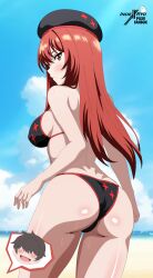1boy 1girl :d absurdres artist_logo ass beach beret bikini black_bikini black_hat blue_sky blush breasts cloud commander_(nikke) day faceless faceless_male from_behind goddess_of_victory:_nikke hat highres indexxryo large_breasts logo long_hair looking_back ocean open_mouth outdoors rapi_(nikke) rapi_(red_hood)_(nikke) red_eyes red_hair sky smile solo_focus spoken_character swimsuit very_long_hair wet