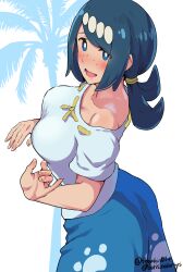 Rule 34 | 1girl, :d, absurdres, artist name, blue eyes, blue hair, blush, boris (noborhys), breasts, commentary request, freckles, hair ornament, highres, lana&#039;s mother (pokemon), large breasts, long hair, looking at viewer, mature female, nintendo, open mouth, palm tree, pokemon, pokemon (anime), pokemon sm (anime), simple background, smile, solo, standing, tree