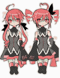 2girls ahoge alternate_hairstyle bare_shoulders black_ribbon black_shirt black_skirt black_thighhighs detached_sleeves drill_hair dual_persona hair_ribbon heart heart_ahoge highres kasane_teto long_sleeves looking_at_viewer low_twintails miniskirt multiple_girls okashira_moppu red_eyes red_hair ribbon shirt skirt sleeveless sleeveless_shirt sleeves_past_fingers sleeves_past_wrists thighhighs twin_drills twintails utau