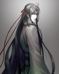 1boy absurdres ahoge bishounen black_hair chinese_clothes gradient_background grey_background hair_down hair_ribbon half_updo hanfu highres korean_commentary long_hair long_sleeves looking_at_viewer looking_back male_focus modao_zushi monochrome official_alternate_hairstyle red_eyes red_ribbon ribbon robe sidelocks simple_background solo spot_color ssu_saeu standing upper_body very_long_hair wei_wuxian wei_wuxian_(yiling_laozu) wide_sleeves