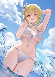 1girl alternate_costume arm_up armpits bikini blonde_hair blue_sky blush cloud commentary criss-cross_halter day dutch_angle flower front-tie_bikini_top front-tie_top genshin_impact hair_flower hair_ornament halterneck highres looking_at_viewer lumine_(genshin_impact) lunacle navel open_mouth short_hair_with_long_locks side-tie_bikini_bottom sky solo stomach swimsuit thigh_gap wading white_bikini white_flower yellow_eyes