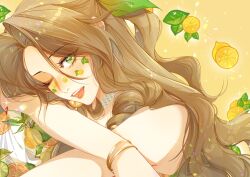 1girl absurdres aerith_gainsborough aerith_gainsborough_(citric_dress) bare_shoulders blush bracelet brown_hair choker crossed_arms dress earrings final_fantasy final_fantasy_vii final_fantasy_vii_ever_crisis food food-themed_earrings food_print food_themed_earrings fruit fruit_print green_eyes green_ribbon hair_between_eyes hair_ribbon half_updo highres jewelry leaf lemon long_hair mianmian741 official_alternate_costume one_eye_closed open_mouth orange-shaped_earrings orange_background orange_hair orange_print parted_bangs print_dress ribbon sidelocks smile solo sparkle upper_body wavy_hair