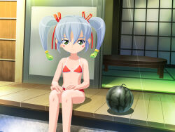 1girl bikini female_focus hair_ornament hairpin japanese_clothes loli long_hair looking_at_viewer magatama miko nazuna_(onmyou_taisenki) onmyou_taisenki sitting solo swimsuit twintails