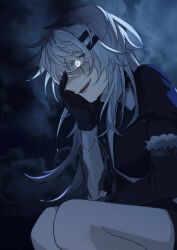1girl absurdres animal_ear_fluff animal_ears arknights black_gloves black_jacket cloud cloudy_sky feet_out_of_frame gloves glowing glowing_eye grey_hair hair_between_eyes hair_ornament hairclip hand_on_own_face hand_up highres jacket lappland_(arknights) long_hair long_sleeves naruse_azusa open_mouth outdoors rain sharp_teeth sky solo squatting teeth very_long_hair wet wet_hair white_hair
