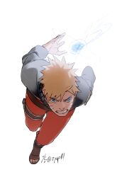 Rule 34 | 1boy, blonde hair, blue eyes, full body, highres, jacket, long sleeves, looking at viewer, male focus, naruto (series), naruto shippuuden, ninja, orange jacket, orange pants, pants, rasengan, running, sandals, short hair, simple background, solo, spiked hair, uzumaki naruto, white background, zifletts
