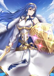 1girl absurdres armor bare_shoulders blue_eyes blue_hair blue_sky cloud commentary day detached_sleeves english_commentary falchion_(fire_emblem) fire_emblem fire_emblem_awakening fire_emblem_cipher highres holding holding_shield holding_sword holding_weapon irkawaza lucina_(fire_emblem) lucina_(hope-ruling_queen)_(fire_emblem) nintendo second-party_source shield sky solo sword tiara weapon white_sleeves