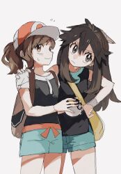 2enn3n 2girls backpack bag blue_shorts brown_bag brown_eyes brown_hair closed_mouth creatures_(company) elaine_(pokemon) frown game_freak green_(pokemon) hair_between_eyes hand_on_another&#039;s_shoulder hand_on_own_hip hat highres holding holding_poke_ball long_hair looking_to_the_side multiple_girls nintendo poke_ball pokemon pokemon_lgpe ponytail shirt short_hair short_sleeves shorts shoulder_bag sleeveless sleeveless_shirt smile sweatdrop ultra_ball white_background yellow_bag