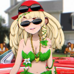 1girl :d artist_name bananajuju bare_arms bare_shoulders baseball_cap blonde_hair blunt_bangs blurry blurry_background breasts chain chromatic_aberration cleavage collarbone commentary dreadlocks extra_eyewear eyewear_on_head facing_viewer flower freckles gold_chain hair_vines hat highres indie_virtual_youtuber kodi_sakari large_breasts leaf_bikini long_hair open_mouth pitchfork raised_eyebrow red_hat shoulder_tattoo sideways_hat smile solo sunglasses tattoo torch twitter_bird twitter_username upper_body virtual_youtuber