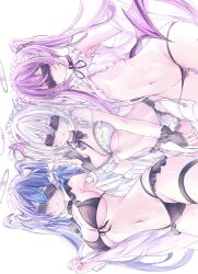 Rule 34 | 3girls, bare shoulders, bikini, black bikini, black bow, black choker, black panties, blindfold, blue hair, blush, bow, bra, breasts, choker, cleavage, closed mouth, demon wings, hair ornament, halo, headdress, highres, large breasts, lingerie, long hair, maid headdress, multicolored hair, multiple girls, navel, negligee, original, panties, parted lips, pink hair, purple hair, ririge, simple background, small breasts, stomach, streaked hair, swimsuit, twintails, underboob, underwear, white background, white bikini, white hair, wings, wrist cuffs