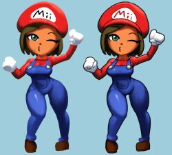Rule 34 | 1girl, :3, blue overalls, breasts, brown footwear, brown hair, cleavage, cosplay, dark-skinned female, dark skin, gloves, green eyes, hands up, hat, highres, large breasts, long sleeves, looking at viewer, maria (miitopia), mario, mario (cosplay), mario (series), medium breasts, mii (nintendo), miitopia, minuspal, nintendo, one eye closed, overalls, puckered lips, red shirt, shirt, shoes, short hair, standing, tan, thick thighs, thighs, white gloves, wide hips
