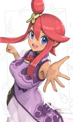 1girl :d blue_eyes bracelet breasts china_dress chinese_clothes dark-skinned_female dark_skin dress feathers game_freak gold_bracelet gonzarez hair_between_eyes hair_ornament highres jewelry large_breasts looking_at_viewer medium_hair nintendo official_alternate_costume open_mouth pokemon pokemon_masters_ex purple_dress red_hair skyla_(anniversary_2022)_(pokemon) skyla_(pokemon) smile solo white_background