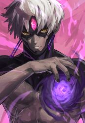 Rule 34 | 1boy, black nails, colored skin, commentary request, dandadan, earrings, enjoji jin, evil eye (dandadan), glowing, glowing eye, grey skin, highres, jewelry, looking at viewer, male focus, parted lips, pink background, possessed, short hair, signature, sokora hen, solo, third eye, toned, toned male, upper body, white hair, yellow eyes