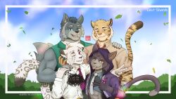 5boys absurdres aiden_kiraman_(lust_shards) animal_ears blue_eyes blue_sky cat_boy cat_ears cat_tail claws closed_mouth cloud cody_white_(lust_shards) commentary copyright_name dallan_heart_(lust_shards) english_commentary falling_leaves fangs furry furry_male group_picture highres leaf looking_at_viewer lust_shards male_focus multiple_boys one_eye_closed open_mouth orange_eyes pink_eyes scribbles_(lust_shards) sky smile snow_leopard_boy snow_leopard_ears snow_leopard_tail tail tate_foster_(lust_shards) tiger_boy tiger_ears tiger_stripes tiger_tail tongue tongue_out v wolf_boy wolf_ears wolf_tail zhuangzi0513