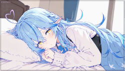 absurdres ahoge bed_sheet blouse blue_hair blush bow braid colored_tips ear_blush elf heart heart_ahoge highres hololive long_sleeves looking_at_viewer multicolored_hair nekonui on_bed pointy_ears shirt snowflake_print streaked_hair virtual_youtuber window yellow_eyes yukihana_lamy