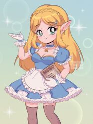 1990s_(style) 1girl absurdres apron blonde_hair blue_dress blue_eyes blush braid breasts bubble_background chellyko choker cleavage collarbone dress earrings gloves green_background hair_ornament hairclip highres holding jewelry long_hair maid maid_apron medium_breasts menu nintendo pointy_ears princess_zelda puffy_sleeves retro_artstyle short_sleeves smile sparkle sparkle_background standing the_legend_of_zelda the_legend_of_zelda:_breath_of_the_wild thighhighs triforce waitress white_apron white_gloves