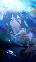 1girl absurdres aris_(blue_archive) black_hair blue_archive blue_eyes blue_necktie bright_pupils closed_mouth collared_shirt commentary english_commentary flower hair_between_eyes hayate_(1034853996) highres holding holding_flower jacket light_rays long_hair long_hair_between_eyes long_sleeves looking_at_viewer necktie one_side_up open_clothes open_jacket shirt solo upper_body very_long_hair white_jacket white_pupils white_shirt
