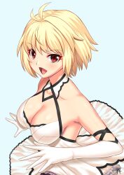 1girl arcueid_brunestud bare_shoulders blonde_hair blush breasts cleavage dress elbow_gloves gloves guriguri_(arayotto4351) highres large_breasts looking_at_viewer open_mouth red_eyes short_hair simple_background smile solo tsukihime white_background white_dress white_gloves